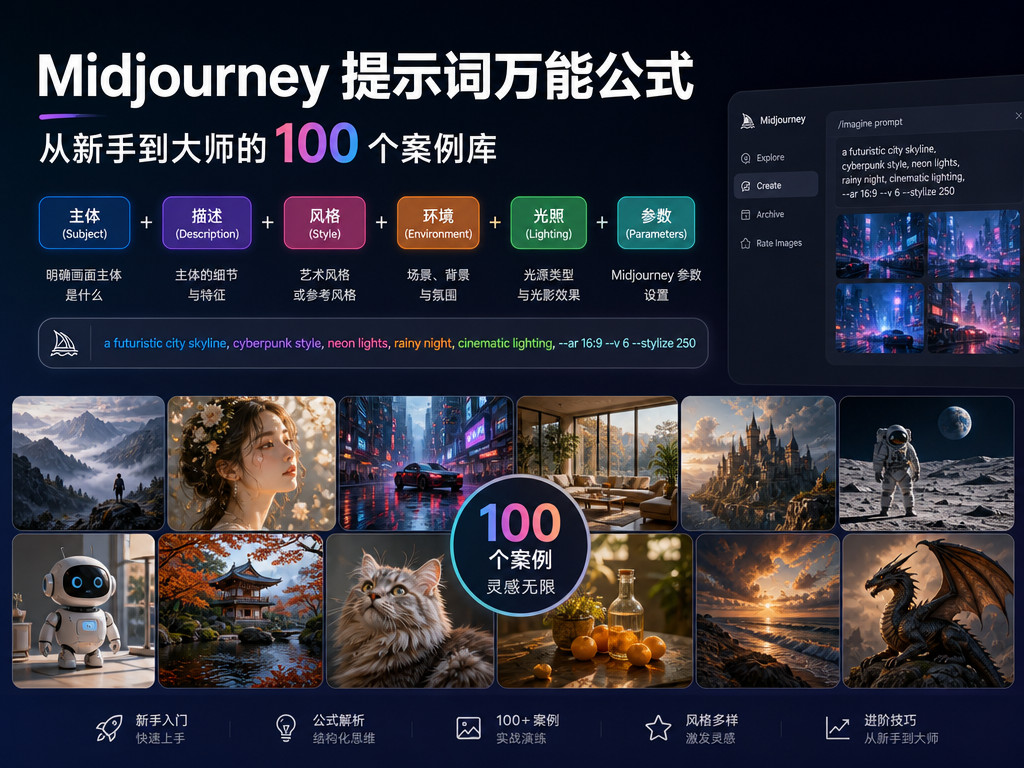 Midjourney提示词万能公式：从新手到大师的100个案例库